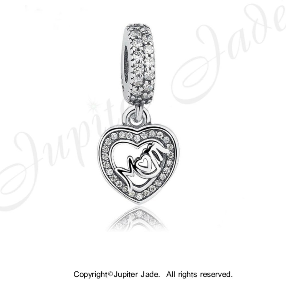 925 Sterling Silver CZ Love Mom Mother's Day Bracelet Charm - Pandora Style